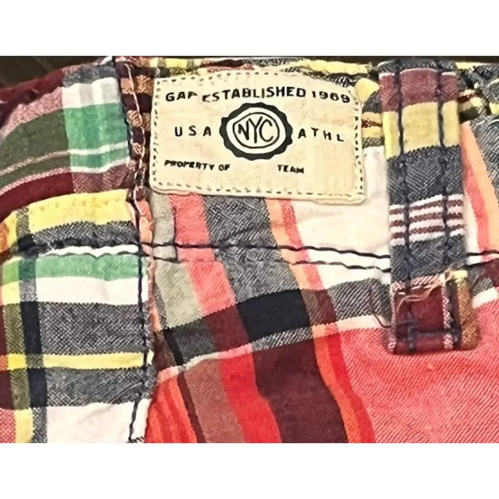 Gap Kids Madras Plaid Cargo Shorts Blue Yellow Green Flat Front Preppy Size 12